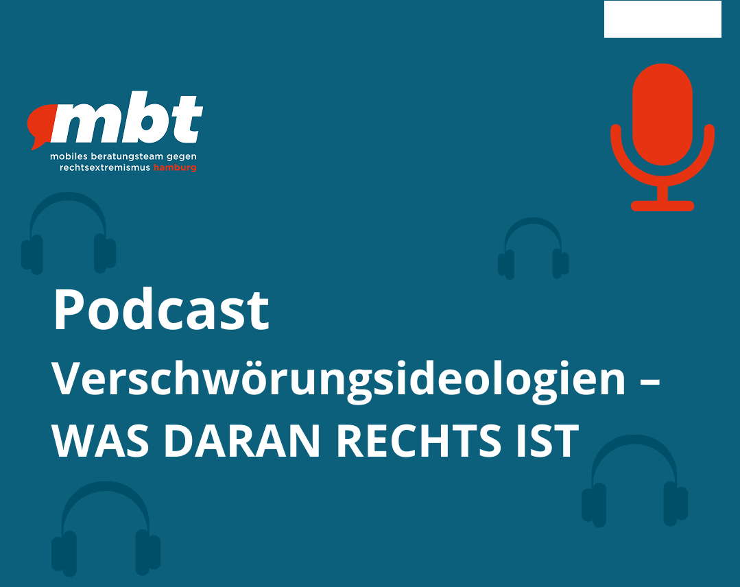 Bild mit dem Titel Podcast zum Thema Verschwörungsideologien - was daran Rechts ist, im Hintergrund sind Icons von Kopfhörern und einem Mikrofon