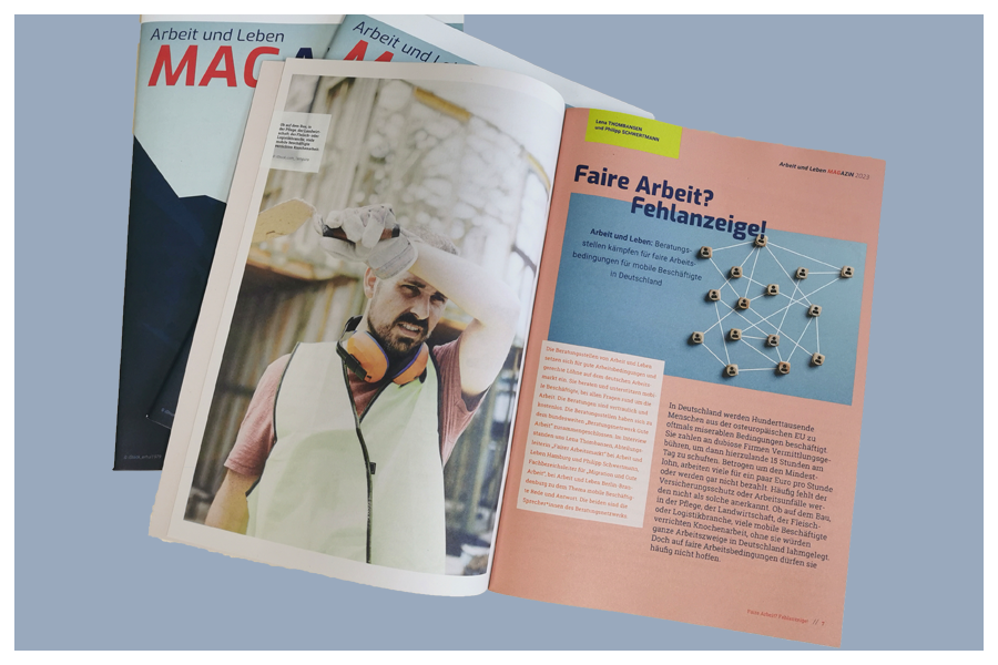 Leitartikel, aufgeschlagenes Magazin: Faire Arbeit. Fehlanzeige